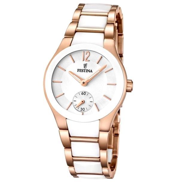 Festina damesuurwerk 
Band in Ceramica/rosékleurig edelstaal
Witte wijzerplaat met rosékleurige accenten