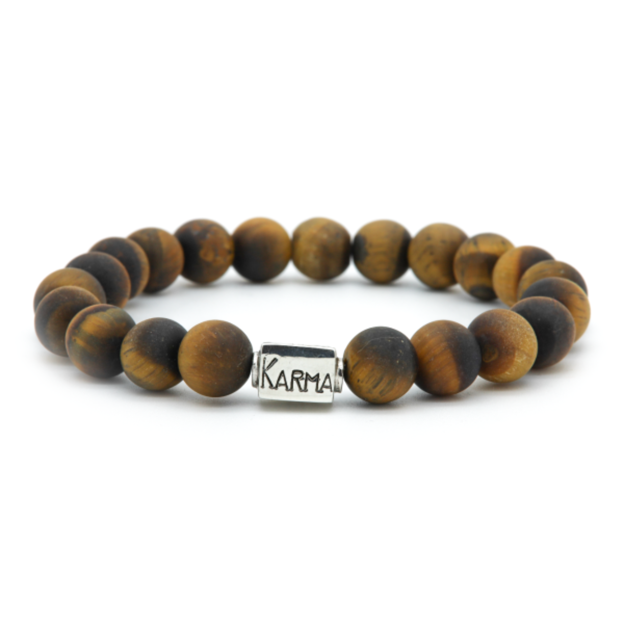 Stoere KARMA armband met natuurstenen bollen en 925 Sterling Silver bead. De armband is elastisch en gaat makkelijk over de hand om de pols.