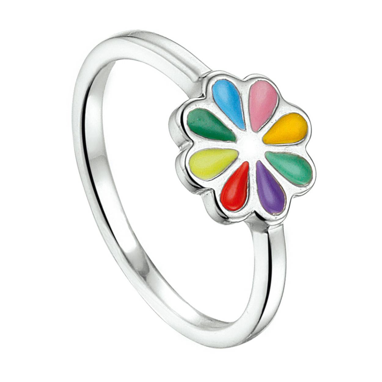 Gerhodineerd zilveren ring uitgevoerd met een bloem in verschillende vrolijke kleuren emaille. De bloem heeft een diameter van 7.5mm De ring is te combineren met bijpassende sieraden uit onze collectie.