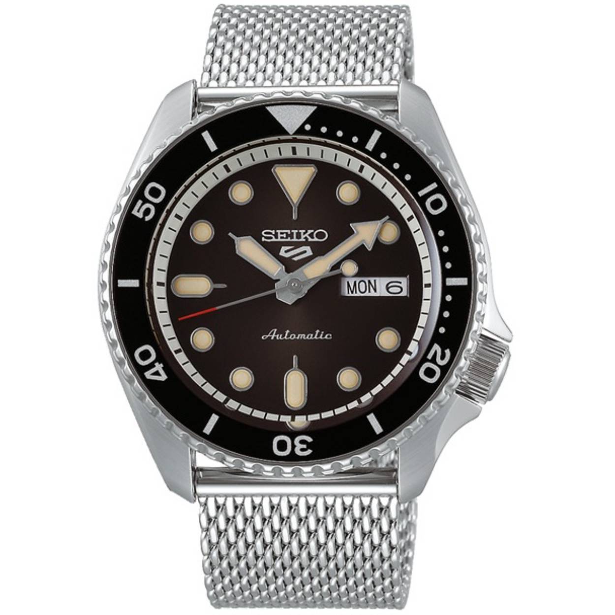 Seiko uurwerk uit de collectie 'Seiko Sports 5' - Stalen (milanese) band en kast - Zwarte wijzerplaat en lunette - Dag/datumaanduiding - Automatisch uurwerk (zonder batterij!)