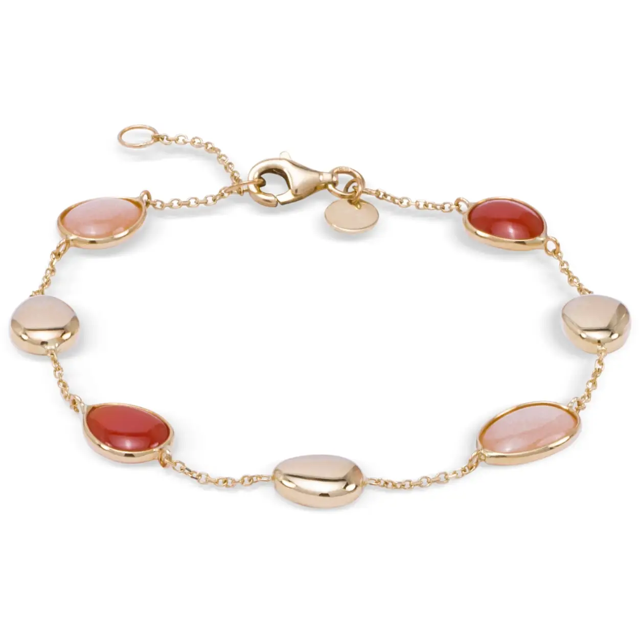 gouden armband 14krt met maansteen en rood agaat

ook leverbaar bijpassend Collier en oorhangers 