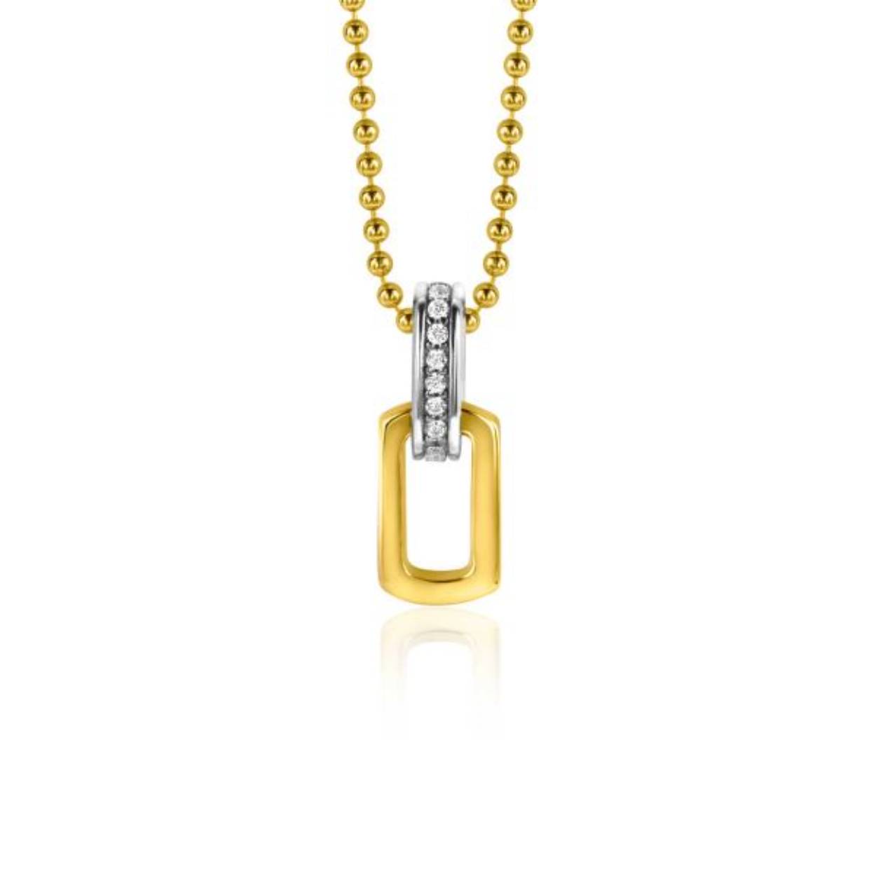ZINZI zilveren ovale bicolor hanger. Het luxe hangoog is vol bezet met witte zirconia's. De hanger is 16mm lang en 6mm breed. Combineer met een ketting naar wens. De hanger is exclusief collier geprijsd. Vervaardigd van eerste gehalte zilver (925) en extra 14K geel verguld