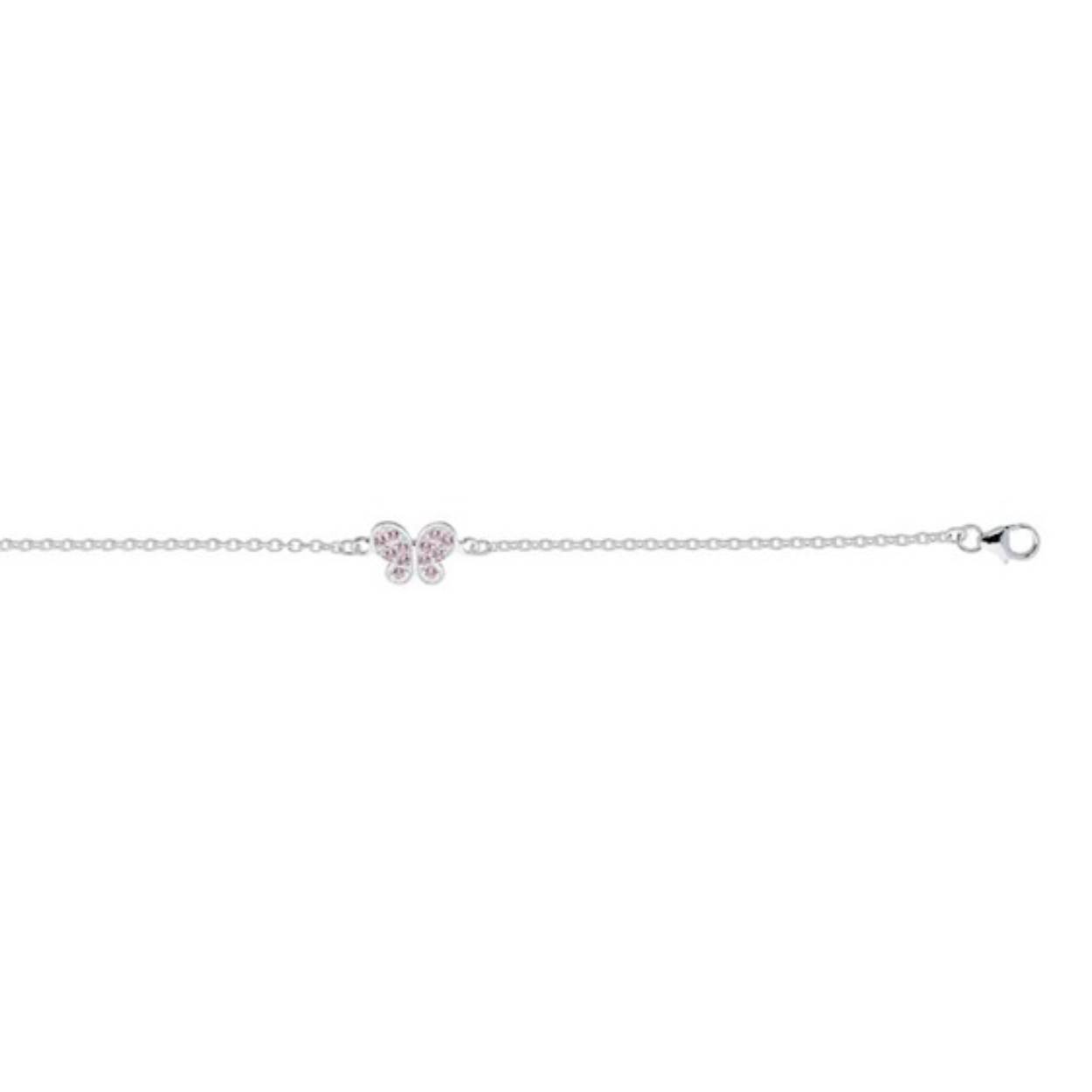 Zilveren kinder armband, roze vlinder met zirkonia