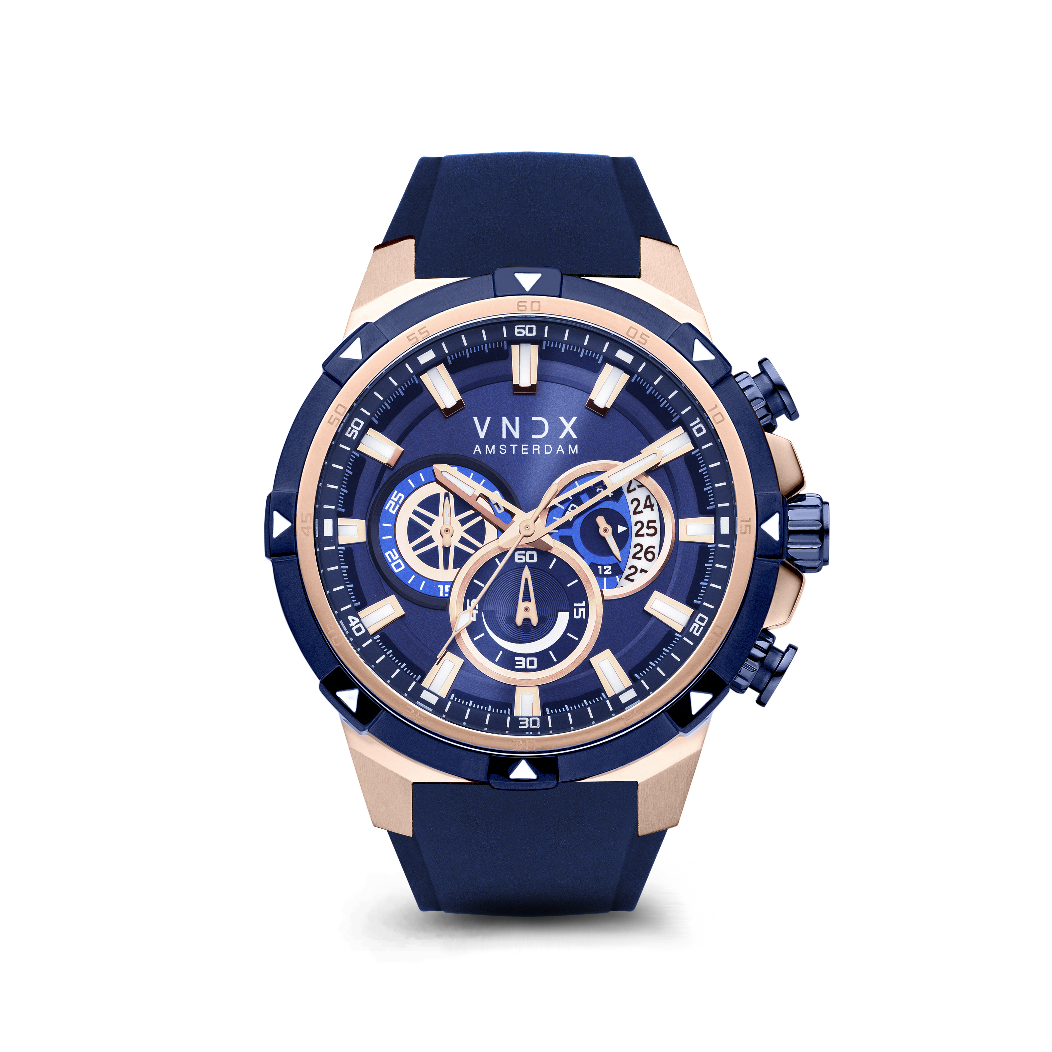 De Big brother rosé blauw, een stoer en sportief horloge. De Big brother beschikt over een rosé kast met een diameter van 48 mm. In de kast bevindt zich een krachtig uurwerk, voorzien van een chronograaf.

Deze chronograaf is voorzien van verschillende functies, zoals een stopwatch, datum aanduiding en een 24-uurs klok. De veelzijdige chronograaf wordt gepresenteerd op een intens blauwe wijzerplaat.

De Big Brother vormt zich eenvoudig om je pols, door de flexibele siliconen band is de Big Brother gemakkelijk af te stellen.

De Big Brother is gemaakt om samen met zijn eigenaar rebelse paden te bewandelen. Zo is het horloge 10 ATM waardoor je er eenvoudig mee het water in kan. Besluit jij in een rebelse nacht het water in te springen, ook dan zal je Young Rebel je door zijn lichtgevende wijzers ten alle tijden op de hoogte houden van de tijd.

Zo zorgt VNDX ervoor dat Young Rebels nooit te laat zijn nieuwe herinneringen te creëren.