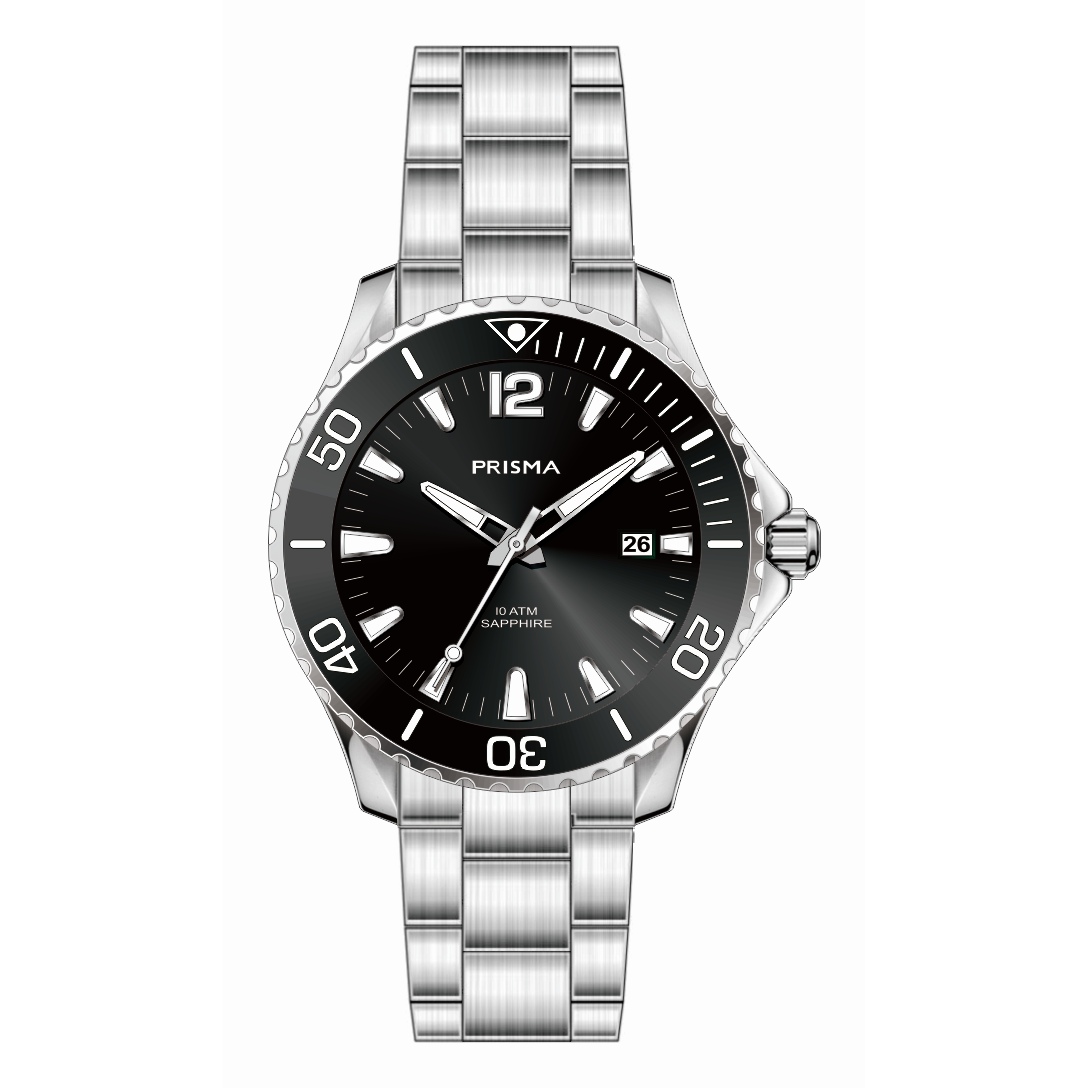 De Prisma P.1490 Diver Luminous Zwart is een horloge waar de look van edelstaal gecombineerd wordt met een donkere, zwarte wijzerplaat en bezel. Het glas is gemaakt van krasvast saffierglas. Dit maakt het horloge stevig en ook geschikt voor activiteiten in en rondom het water. Daarnaast is het horloge geschikt tot 10 ATM. De Diver Luminous collectie bestaat uit een zwart, blauw en groen model.