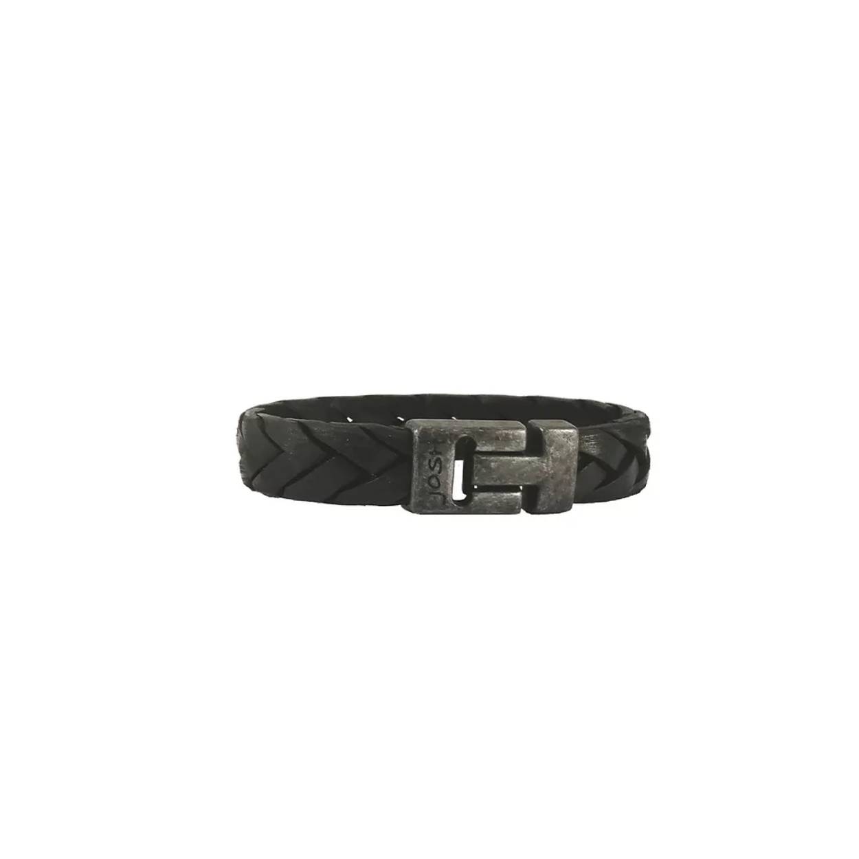 Stoere zwarte leren gevlochten armband in maat 22 met een vintage black slot