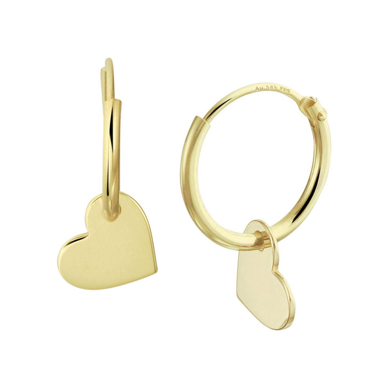 14k Geelgouden oorringen uitgevoerd met een hanger in de vorm van een hartje. 