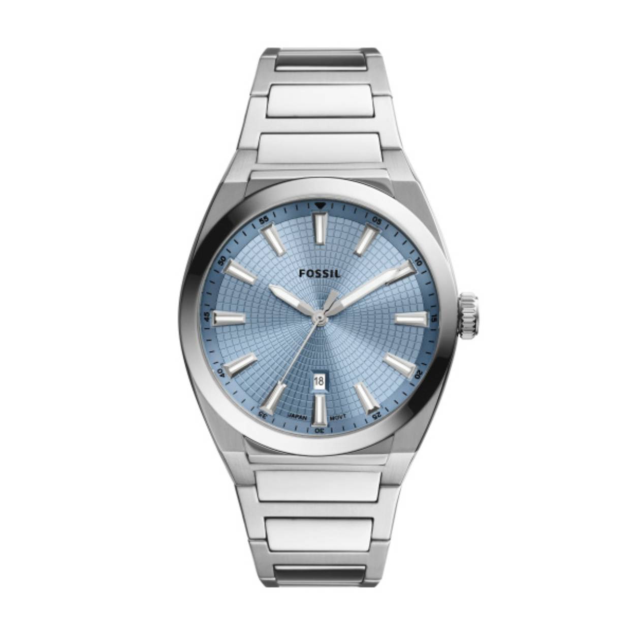 Everett roestvrij stalen horloge met drie wijzers en blauwe wijzerplaat.