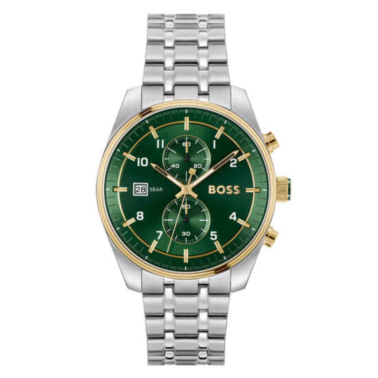BOSS HB1514195 SKYTRAVELLER Herenhorloge 44mm 
Dit BOSS horloge uit de SKYTRAVELLER serie met artikelnr: HB1514195 heeft een luxe sportieve uitstraling. Zeer geschikt voor de moderne stijlvolle man van nu. Het herenhorloge valt op door zijn stalen horlogekast met een gladde goudkleurige bezel en een donker groene sunray wijzerplaat met een chronograaf en datum. Opvallend zijn de wijzers die met kleur en lumibrite de tijd aangeven. Aan de kast zit een stalen fijne schakelband met vouwsluiting. Het horloge heeft een doorsnee van 44mm met een mineraalglas en is 5ATM. 

HET MERK:
HUGO BOSS is afgestemd op levensstijlen waar het gaat om kwaliteit en precisie. Het wereldwijde fashionlabel is verdeeld in twee merken: BOSS en HUGO. Het merk BOSS biedt geavanceerde, moderne horloges gericht op kwaliteit en design om een onberispelijke look te creëren – of het nu zakelijk, casual of sportief is. De horloge collectie van BOSS is perfect afgestemd op levensstijlen waar het gaat om kwaliteit en precisie. BOSS is op maat gemaakt in een onberispelijke stijl.

Blijf stijlvol bij de tijd. Voor de BOSS-vrouw is stijl het handelsmerk en draait alles om
details. Breng uw look naar een hoger niveau met onze nieuwe en kenmerkende horlogecollectie.

SPECIFICATIES:
- Mineraalglas
- Ronde kastvorm, Ø 44mm
- Stalen horlogekast
- Groene wijzerplaat
- Stalen schakelband
- 5ATM