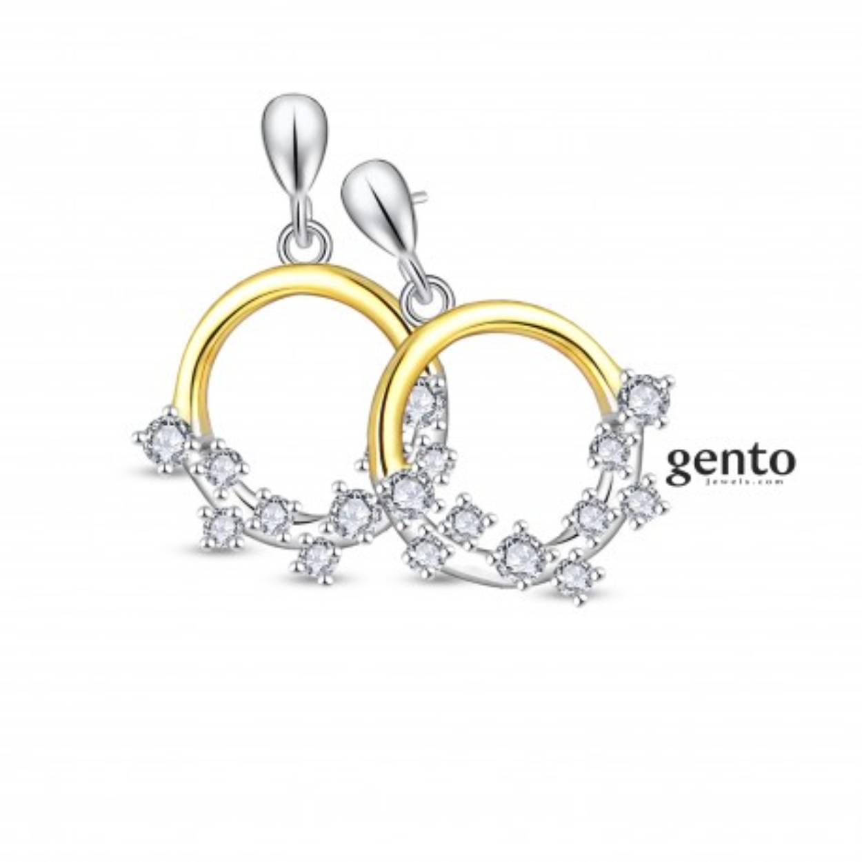 schitterende oorbellen in zilver met stukje verguld bezet met witte zirconium steentjes