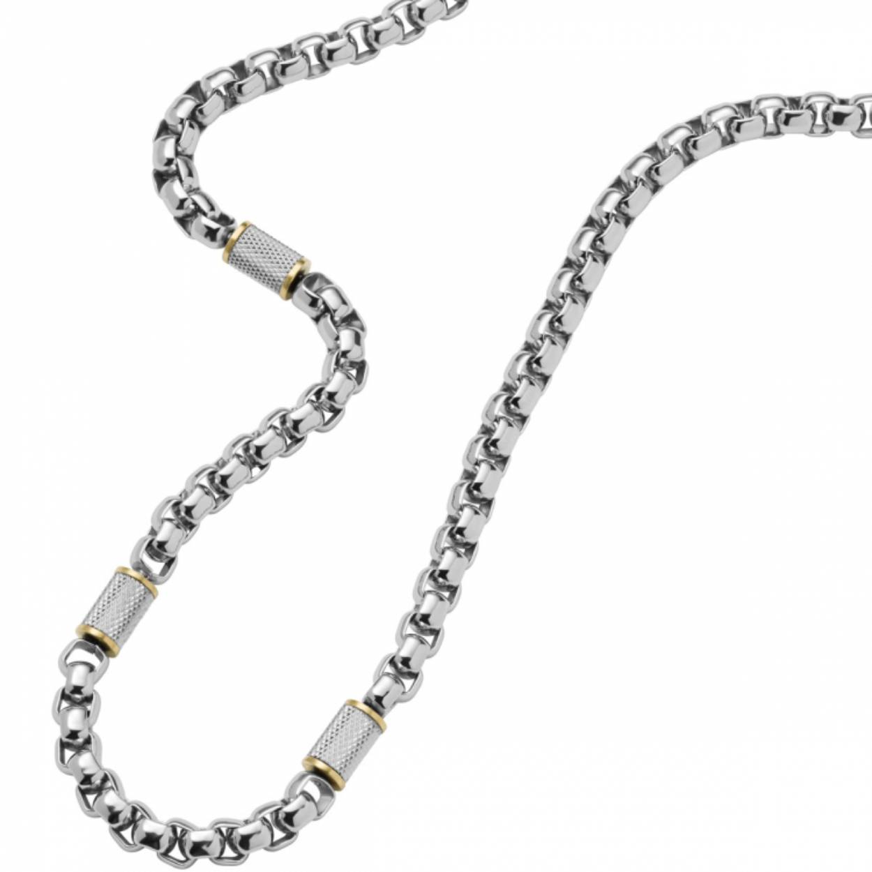 Deze schakelketting is gemaakt van tweekleurig roestvrij staal en heeft een karabijnsluiting.

De inspiratie van Fossil komt van de Amerikaanse creativiteit en vindingrijkheid. Dit leidt al sinds 1984 tot horloges en accessoires van mooie kwaliteit en met modieuze uitstraling.