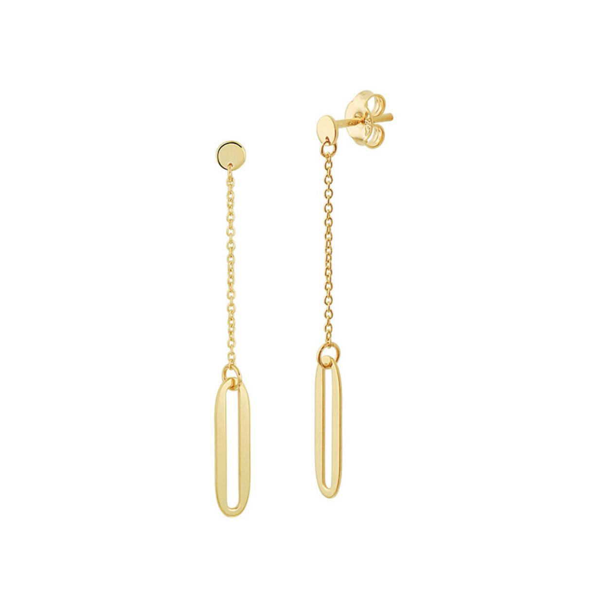 14k Geelgouden oorhangers uitgevoerd met een anker schakel van 0.9mm en een hanger met een afmeting 21.5x5.5mm. De oorhangers hebben een totale hoogte van 4.1cm.