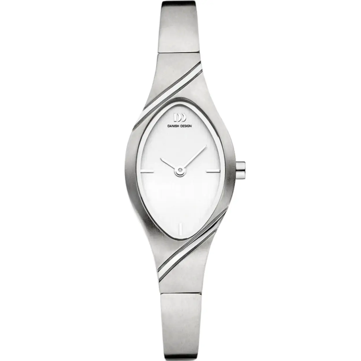 De ovale vorm van de horlogekast is het meest opvallende kenmerk van dit dameshorloge van Danish Design. Het titanium horloge is licht van gewicht en heeft een sieradensluiting, waardoor het aan de achterkant een gladde afwerking heeft. De diagonale accenten geven het horloge een moderne uitstraling.