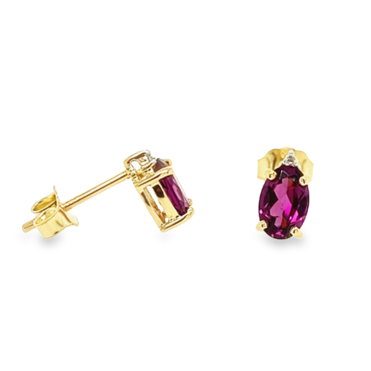 Deze geel gouden oorstekers hebben ieder een Rhodolite gezet tussen vier zetpoten met daar boven een diamantje. Deze oorstekers hebben een subtiele uitstraling en hebben een prachtige kleur.