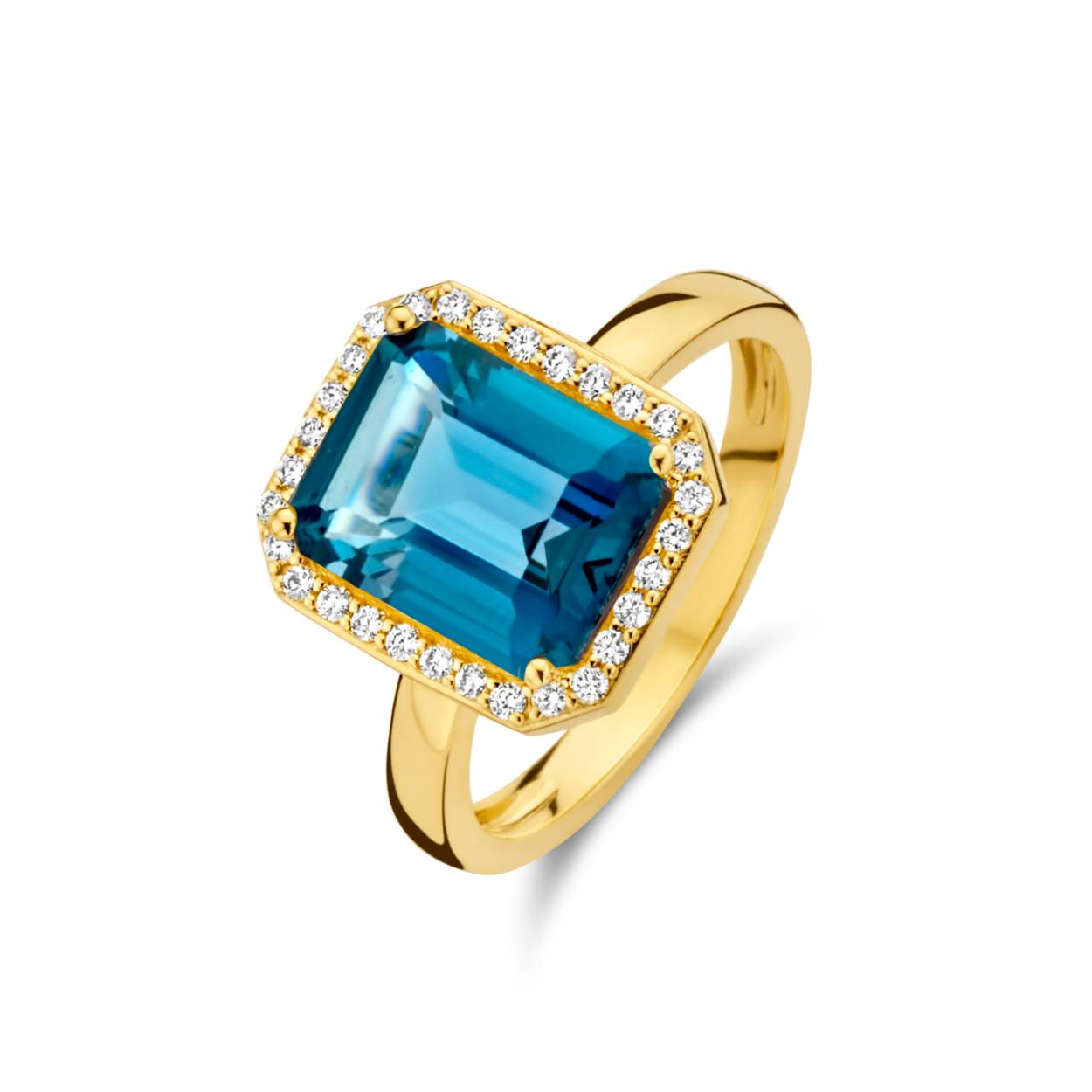 Ring in 18 kt goud met diamant en blauwe topas london blue