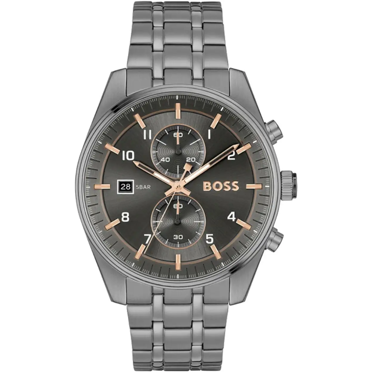 BOSS HB1514153 SKYTRAVELLER Herenhorloge 44mm 
Dit BOSS horloge uit de SKYTRAVELLER serie met artikelnr: HB1514153 heeft een stoere sportieve uitstraling. Zeer geschikt voor de moderne stijlvolle man van nu. Het grijze herenhorloge valt op door zijn stalen horlogekast met een gladde bezel en een grijze sunray wijzerplaat met een chronograaf en datum. Opvallend zijn de wijzers die met kleur en lumibrite de tijd aangeven. Aan de kast zit een grijze stalen schakelband met vouwsluiting. De kast van het horloge heeft een doorsnee van 44mm met mineraalglas en is 5ATM. 

HET MERK:
HUGO BOSS is afgestemd op levensstijlen waar het gaat om kwaliteit en precisie. Het wereldwijde fashionlabel is verdeeld in twee merken: BOSS en HUGO. Het merk BOSS biedt geavanceerde, moderne horloges gericht op kwaliteit en design om een onberispelijke look te creëren – of het nu zakelijk, casual of sportief is. De horloge collectie van BOSS is perfect afgestemd op levensstijlen waar het gaat om kwaliteit en precisie. BOSS is op maat gemaakt in een onberispelijke stijl.

Blijf stijlvol bij de tijd. Voor de BOSS-vrouw is stijl het handelsmerk en draait alles om
details. Breng uw look naar een hoger niveau met onze nieuwe en kenmerkende horlogecollectie.

SPECIFICATIES:
- Mineraalglas
- Ronde kastvorm, Ø 44mm
- Stalen horlogekast
- Grijze wijzerplaat
- Grijze schakelband