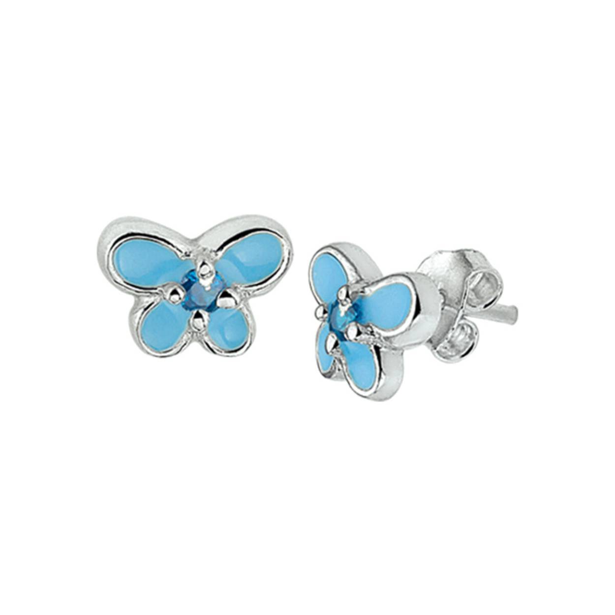 Zilveren oorknoppen in de vorm van een vlinder met blauwe emaille en zirkonia.