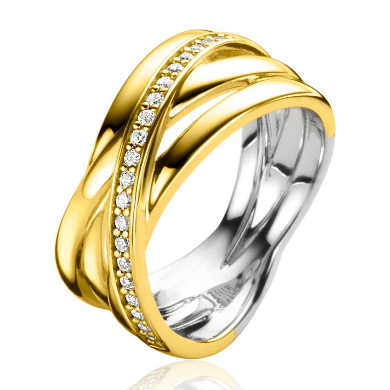 ZINZI gold plated zilveren brede cross-over ring, waarbij drie gladde banden en een band bezet met witte zirconia's elkaar kruisen. De ring is vervaardigd van eerste gehalte zilver (925) en voorzien van extra 14K geel vergulding.