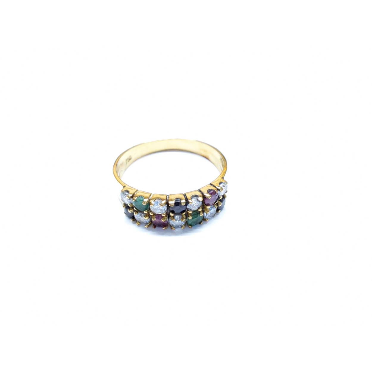 18 Karaat geel gouden ring bezet met smaragd, saffier, zirkonia en synthetische granaat. 