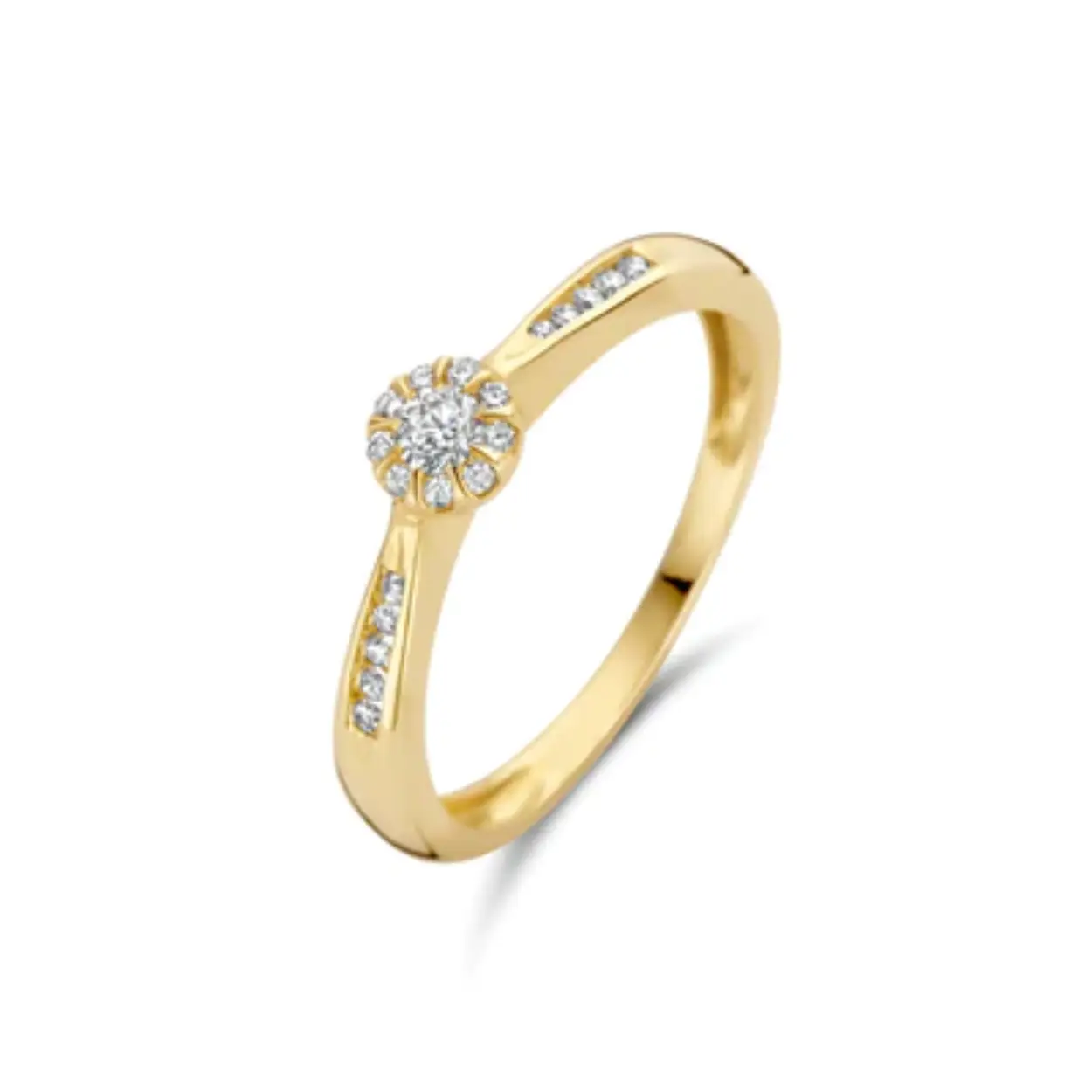 gouden Blush ring, rozet+rail briljant 0.19ct B mt54