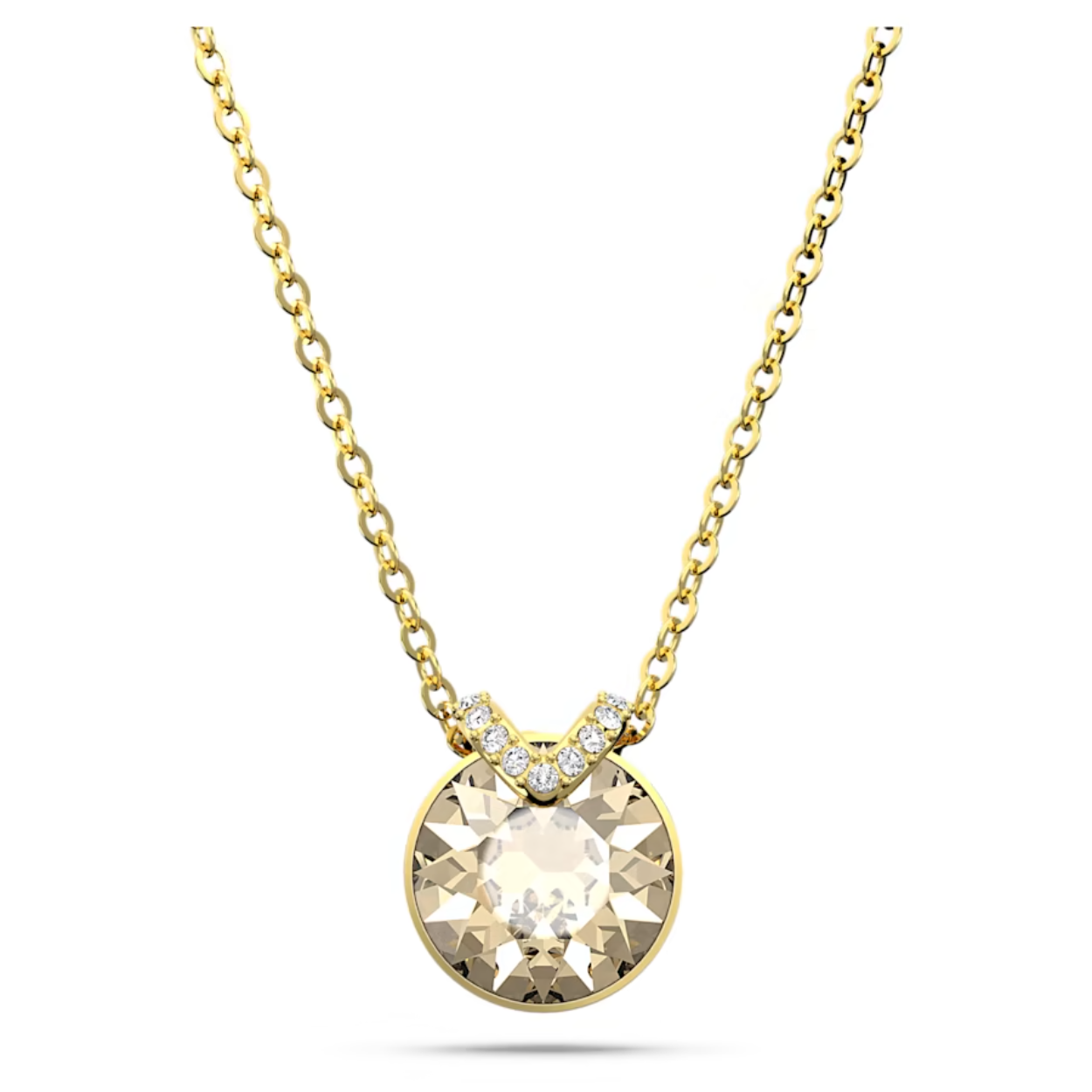 Deze verleidelijke ketting is ontworpen met het oog op eenvoud en bevat een prachtige goudkleurige steen in het midden die is gezet in een goudkleurige toplaag. Het heldere kristalpavé maakt het ontwerp helemaal af. Deze hanger past overal bij en kan moeiteloos op elk moment van de dag gedragen worden.