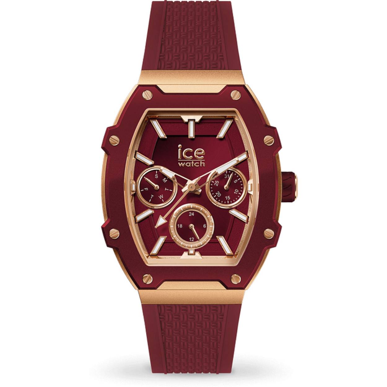 Op zoek naar een trendy en kleurrijk horloge? Dan is de ICE WATCH ICE BOLIDAY - PEACH CHERRY - ALU - SMALL - 023803 de perfecte keuze voor jou! Dit horloge heeft een analoge tijdaanduiding en werkt op een betrouwbaar quartz uurwerk. Met een diameter van 35 mm en een hoogte van 11 mm heeft dit horloge een compact formaat dat perfect is voor dagelijks gebruik.

De vorm van de behuizing is tonneau, wat zorgt voor een unieke en stijlvolle uitstraling. De goudkleurige aluminium behuizing vormt een prachtige combinatie met de rode wijzerplaat, waardoor dit horloge echt opvalt om je pols. Het mineraalglas zorgt ervoor dat de wijzerplaat goed beschermd is tegen krassen en beschadigingen.

De rode siliconen band is comfortabel om te dragen en past perfect bij de rest van het horloge. De gespsluiting zorgt ervoor dat het horloge goed om je pols blijft zitten. Daarnaast is dit horloge voorzien van een handige datumweergave, zodat je altijd weet welke dag het is.

Dit horloge is waterdicht tot 5 bar, wat betekent dat je er zonder problemen mee kunt douchen. Het is dus een ideaal horloge voor dagelijks gebruik. Als officieel Ice Watch verkooppunt kunnen wij garanderen dat dit horloge van hoogwaardige kwaliteit is en lang meegaat.

Kortom, de ICE WATCH ICE BOLIDAY - PEACH CHERRY - ALU - SMALL - 023803 is een trendy en kleurrijk horloge dat perfect is voor iedereen die op zoek is naar een stijlvolle en betrouwbare tijdsweergave. 