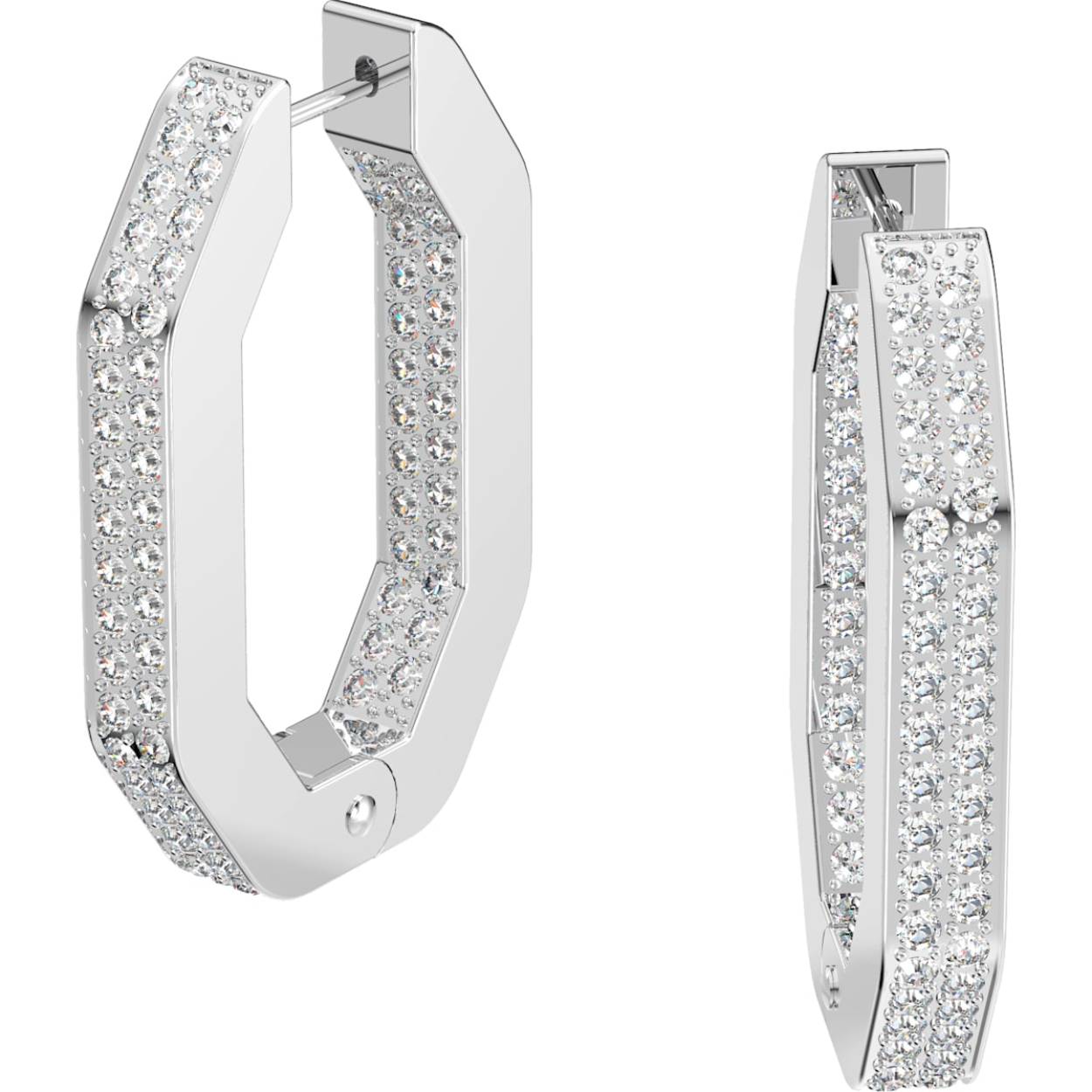 Deze middelgrote, gedetailleerde en gedurfde oorringen met een achthoekige vorm zijn een eerbetoon aan de stijlvolle pavétechniek van Swarovski en zorgen voor een modern statement. De fijne heldere kristallen in zettingen met rhodium plating benadrukken een industrieel design dat je afzonderlijk kunt dragen of kunt combineren met andere oorsieraden uit de Dextera-lijn. Deze oorsieraden maken onderdeel uit van de Dextera-lijn en zijn ontworpen door Creative Director Giovanna Engelbert voor Collection II.