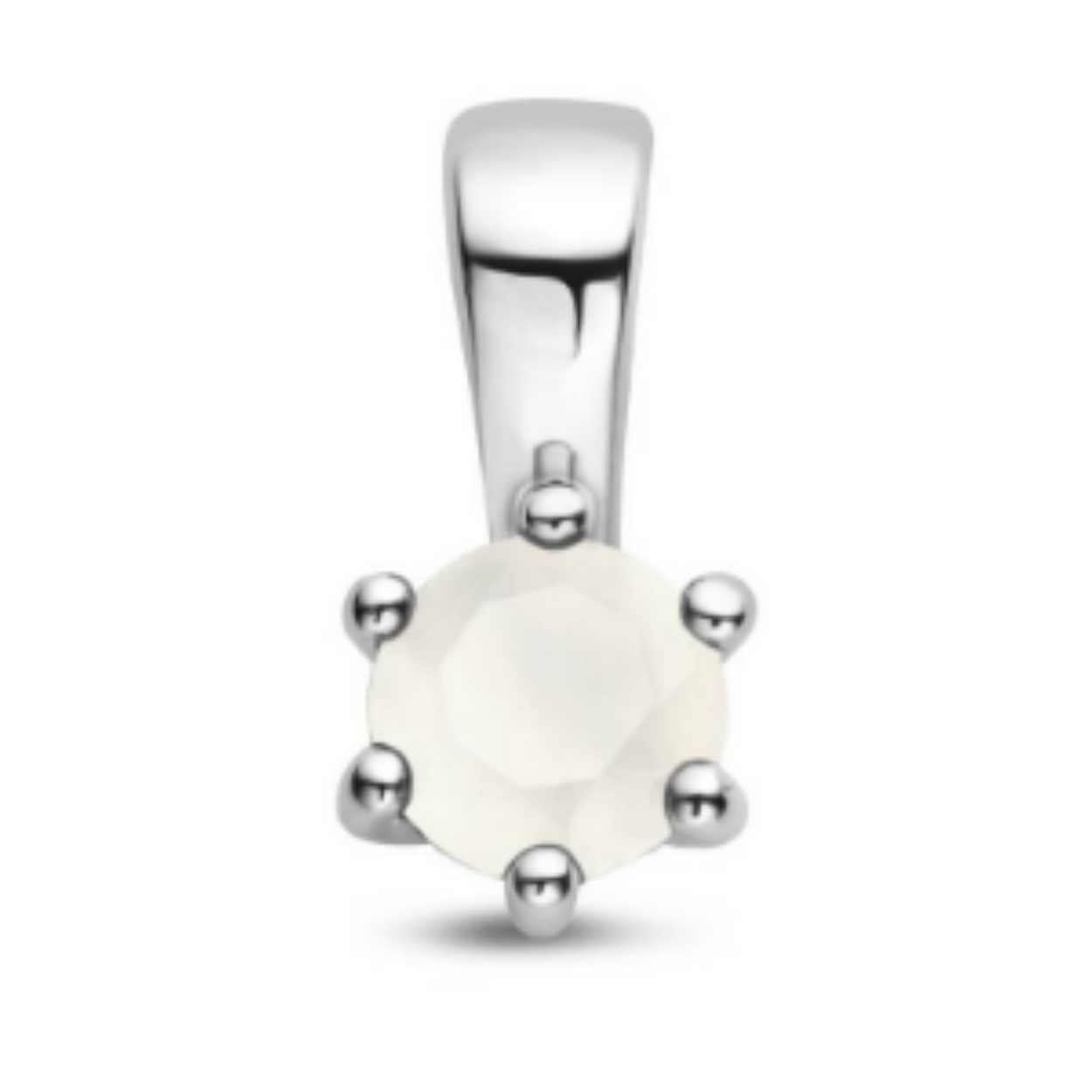 Gerhodineerd 925 geboortesteen zilveren hanger uitgevoerd met een schitterende maansteen. De hanger heeft een afmeting van 10x5mm. De maansteen heeft een steengewicht van 0.35ct.