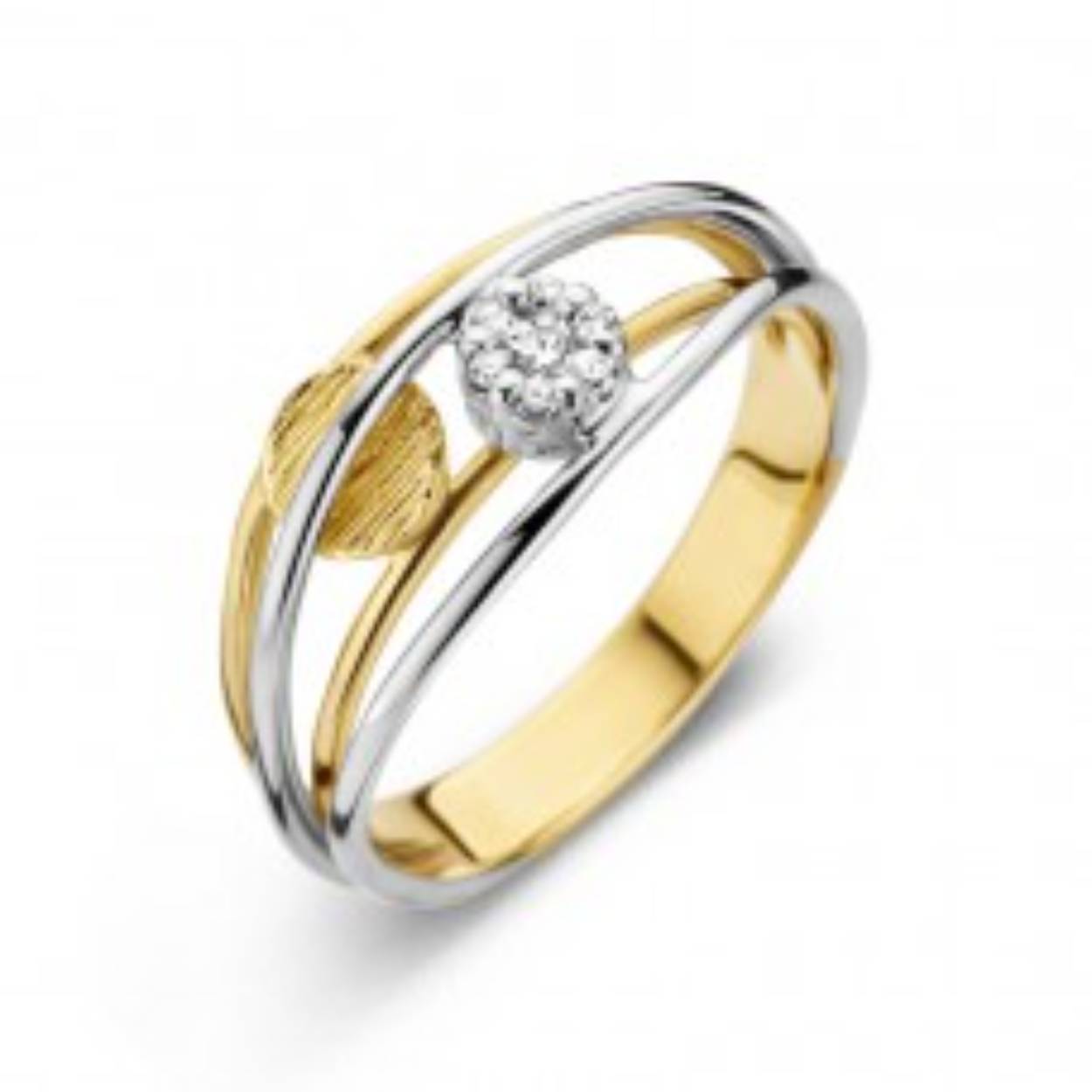 ring in geel en wit goud 18 kt met briljant 0.12ct