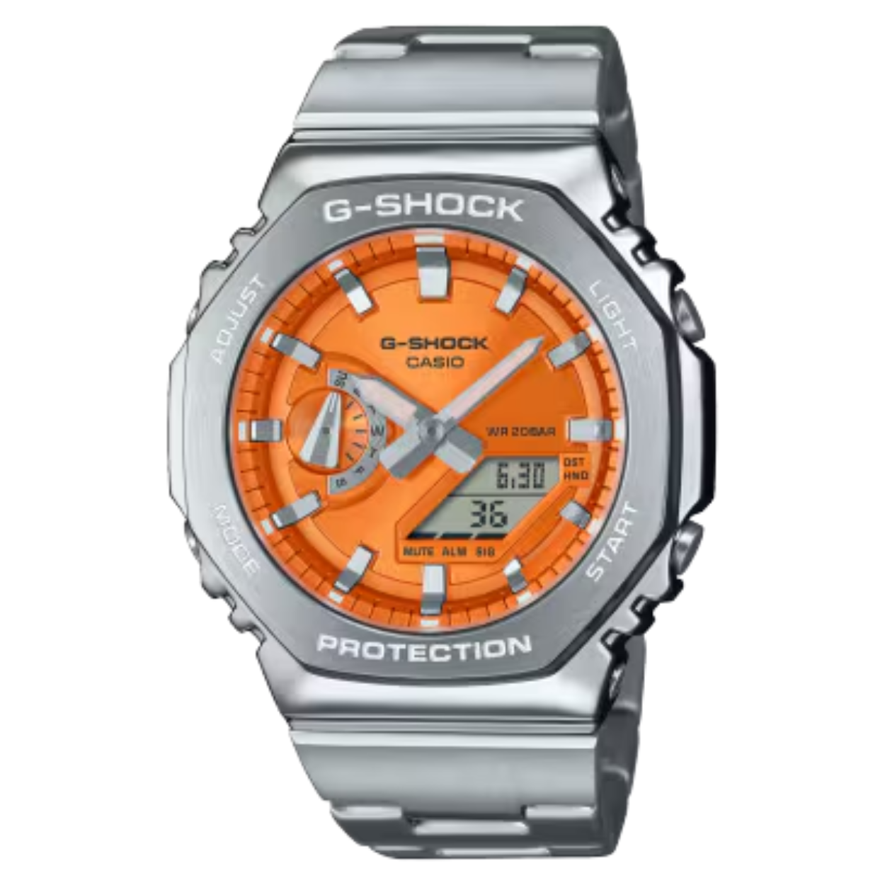 Dit Casio horloge behoort tot de G-shock collectie.
Referentienummer: GM-2110D-4AER

De uniforme achthoekige roestvrijstalen rand is zorgvuldig gesmeed en gepolijst en omsluit een eenvoudig ontwerp zonder poespas met een verfijnde, maar stoere uitstraling. De kast met hoge stijfheid is van fijnhars en versterkt met glasvezel, en is de dunste van alle G-SHOCK-combinatiemodellen, met slechts 11,8 mm.

De metalen band, samen met de frisse kleur van de wijzerplaat in metallic messing, kan alles aan; werk of ontspanning. 

Je kunt kiezen uit hemelsblauw, oranje of limoengroen, naast de klassieke kleuren marineblauw en zilver. En dat alles met dubbel ledlicht met hoge helderheid, zodat je zelfs in het donker goed kunt lezen.