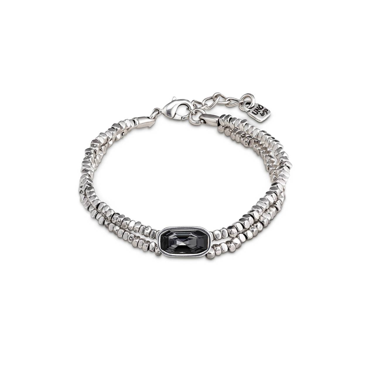 2 STRIP VERZILVERDE BRACLET MET CENTER BOX EN GRIJS KRISTAL MET MOSKET SLUITING