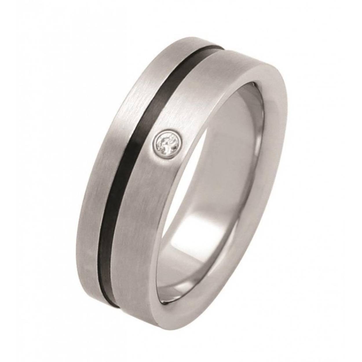 Staal ring met zwarte lijn en zirkonia