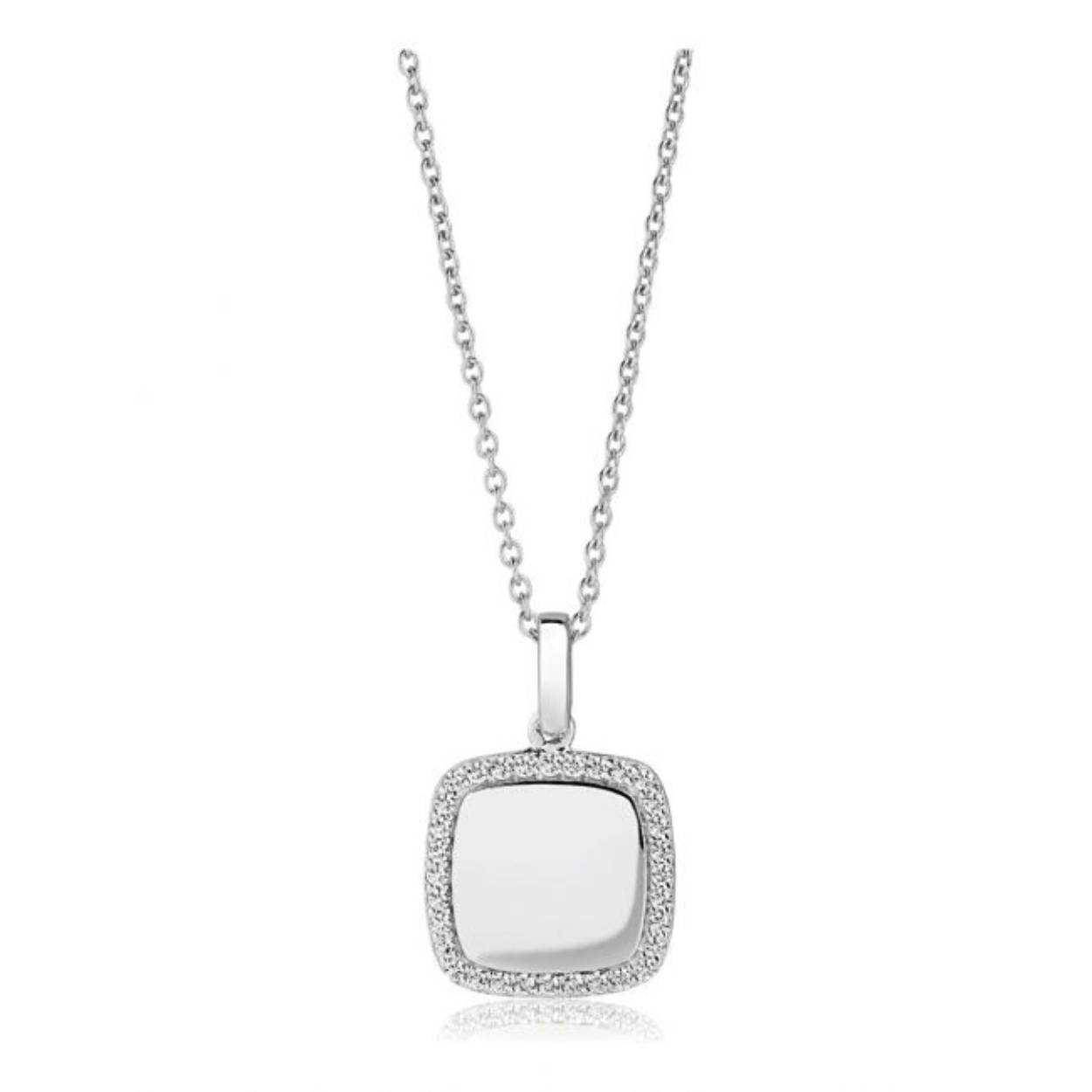 Collier en hanger van 925 Sterling zilver met gerhodineerd, glanzend oppervlak en facetgeslepen witte zirkonia's. Op en top is deze Sif Jakobs Follina Quadrato zilveren collier met zirkonia's. Een strak en elegant design ontworpen door Sif Jakobs. De vierkante hanger is omringd door sprankelende transparante zirkonia's. Dit ankerschakel collier heeft een lengte van 45 centimeter.

Afmetingen hanger: Hoogte 15 mm, Breedte 15 mm
Lengte collier: 45 cm