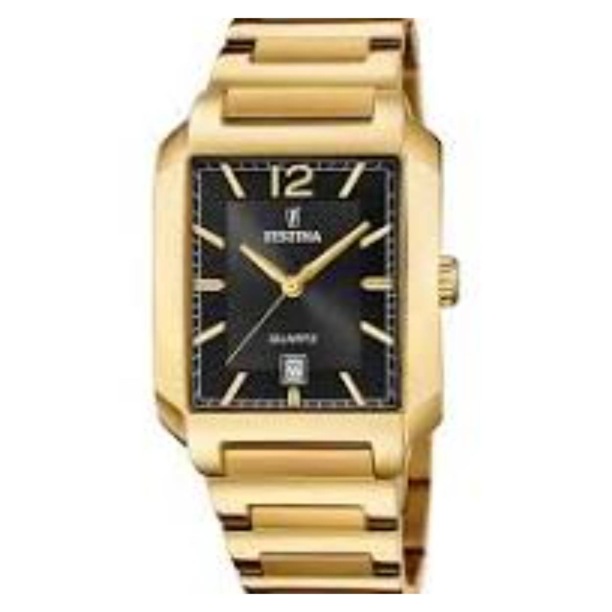 Herenuurwerk Festina plaque kast en band, wijzerplaat zwart met index en datum.