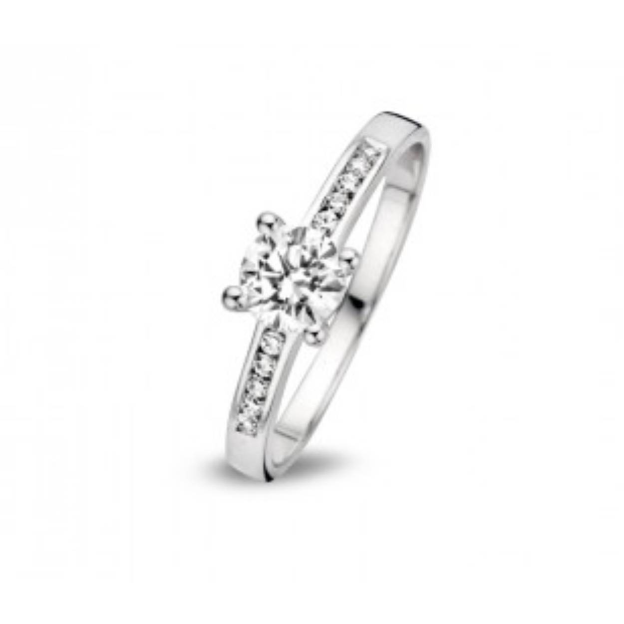 Geel gouden ring 18 kt met centrale zirkonium steen en 5 zirkonium steentjes aan de zijkanten - Solitaire model - Maat 54 - De prijs kan variëren naargelang de goudprijs.