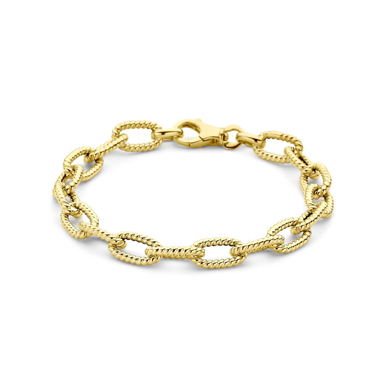 14 Karaat Geelgouden armband met een draaglengte van 19cm en een karabijn sluiting. De schakelbreedte is 7.8mm. Paperclip met gedraaide buis.