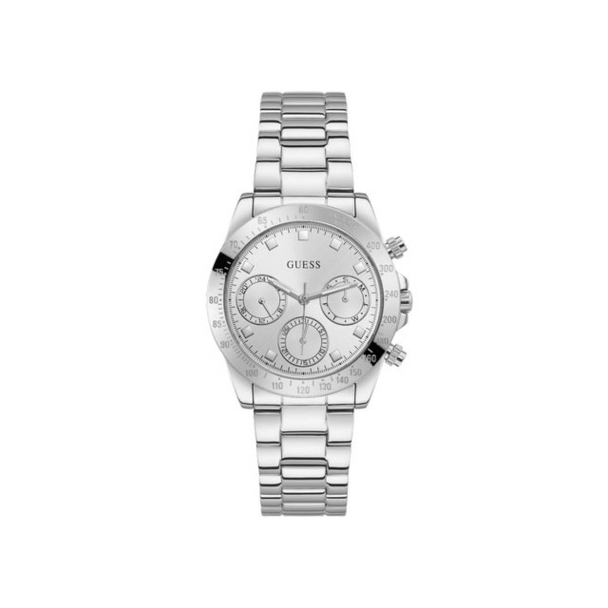 Dit Zilverkleuige dames horloge uit de Eclipse collectie van Guess is gemaakt van roestvrij staal. De ronde horlogekast is afgedekt met mineraalglas. Dit horloge heeft zowel een tijd als datum aanduiding en heeft een waterdichtheid van 5 ATM. De band heeft een breedte van 18 mm en is voorzien van een vouwsluiting. De kast heeft een dikte van 10,3 mm en een diameter van 38 mm.