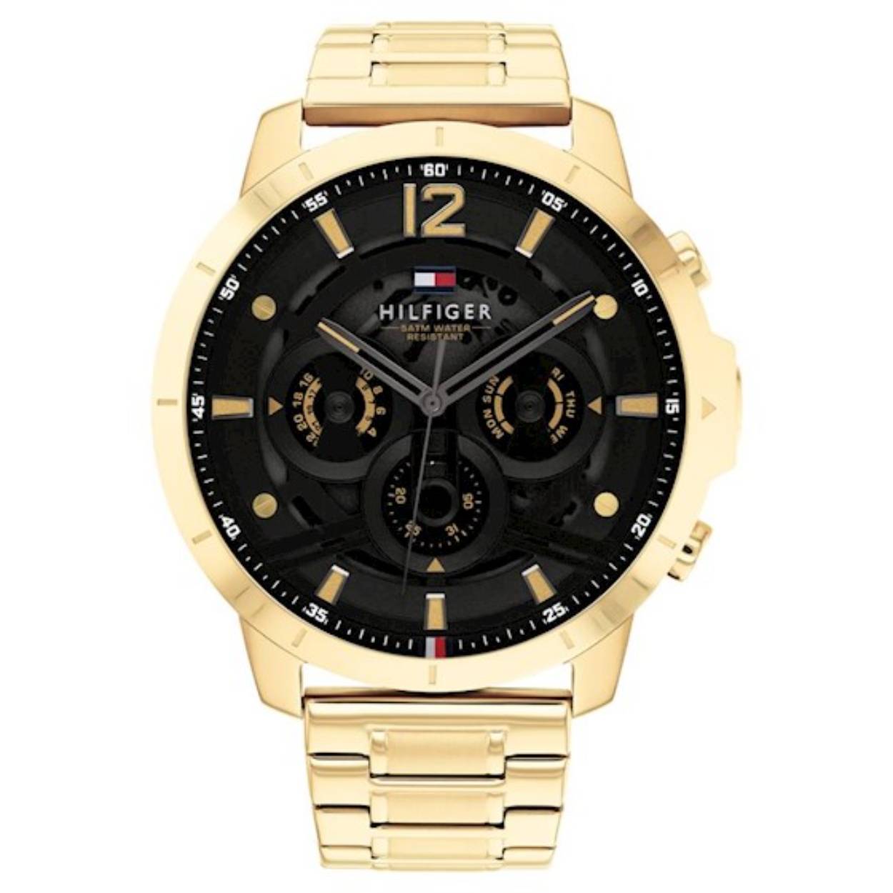 Tommy Hilfiger TH1710511 Horloge Heren Staal Goudkleurig Schakelband 50mm
Dit zeer unieke horloge van Tommy Hilfiger met artikelnr: TH1710511 is een casual heren horloge die je zeker aan je collectie kunt toevoegen. Het stalen horloge heeft een ronde goudkleurige kast zwarte wijzerplaat met een dag,- datum en 24-uursaanduiding en lumibrite accenten. Dit geeft het horloge een stoere uitstraling. Aan het horloge zit een goudkleurige schakelband met een vouwsluiting. Het horloge heeft een mineraalglas, een doorsnee van 50mm en is 5 ATM.  

Het merk:
Sinds de lancering van het merk in 1985 is Tommy Hilfiger wereldwijd bekend geworden als pionier van de klassieke Amerikaanse coole stijl. Geïnspireerd door de iconische popcultuur en het Amerikaanse erfgoed. De dames en herencollectie van dit seizoen bestaan uit minimalistische silhouetten en rustieke lederen details. De herenhorlogecollectie biedt iconische uurwerken met roestvrijstalen, lederen en siliconen banden.

Specificaties:
- Mineraalglas
- Ronde kast 50mm
- Goudkleurige horlogekast
- Zwarte wijzerplaat
- Goudkleurige schakelband 
- 5 ATM