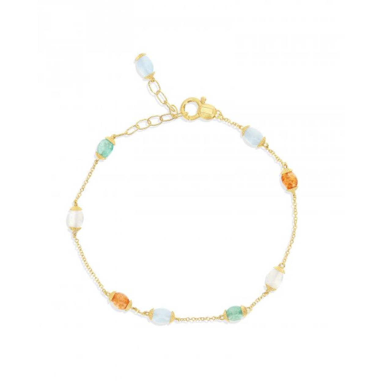 Deze kleurrijke armband maakt deel uit van de "Terre Lontane" en is, net als de andere juwelen uit deze collectie, geïnspireerd op reizen en avonturen op de meest onconventionele bestemmingen. Een onmisbare armband van 18-karaats goud, versierd met oranje aventurijn, groene aventurijn, melkachtig aquamarijn en maansteen.