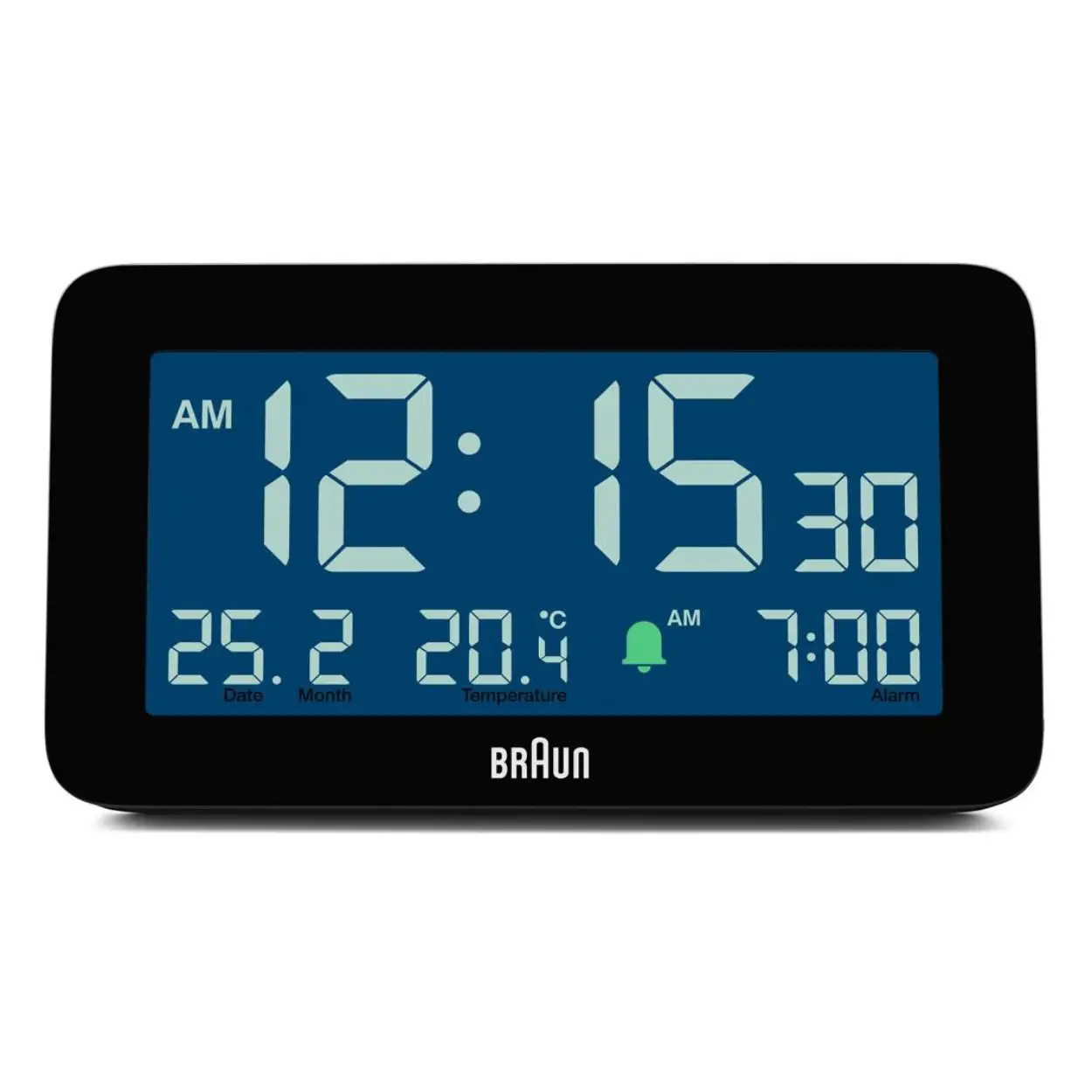 Digitale wekker van het merk Braun 
Functies:
-12/24 uursweergave
-crescendo alarm met weergave op het scherm
-snooze functie
-datumweergave
-temperatuurweergave
Kleur: zwart
Werkt op 2 x AA batterij (meegeleverd bij aankoop)
Afmetingen: 13.7 x 7.5 x 4.5