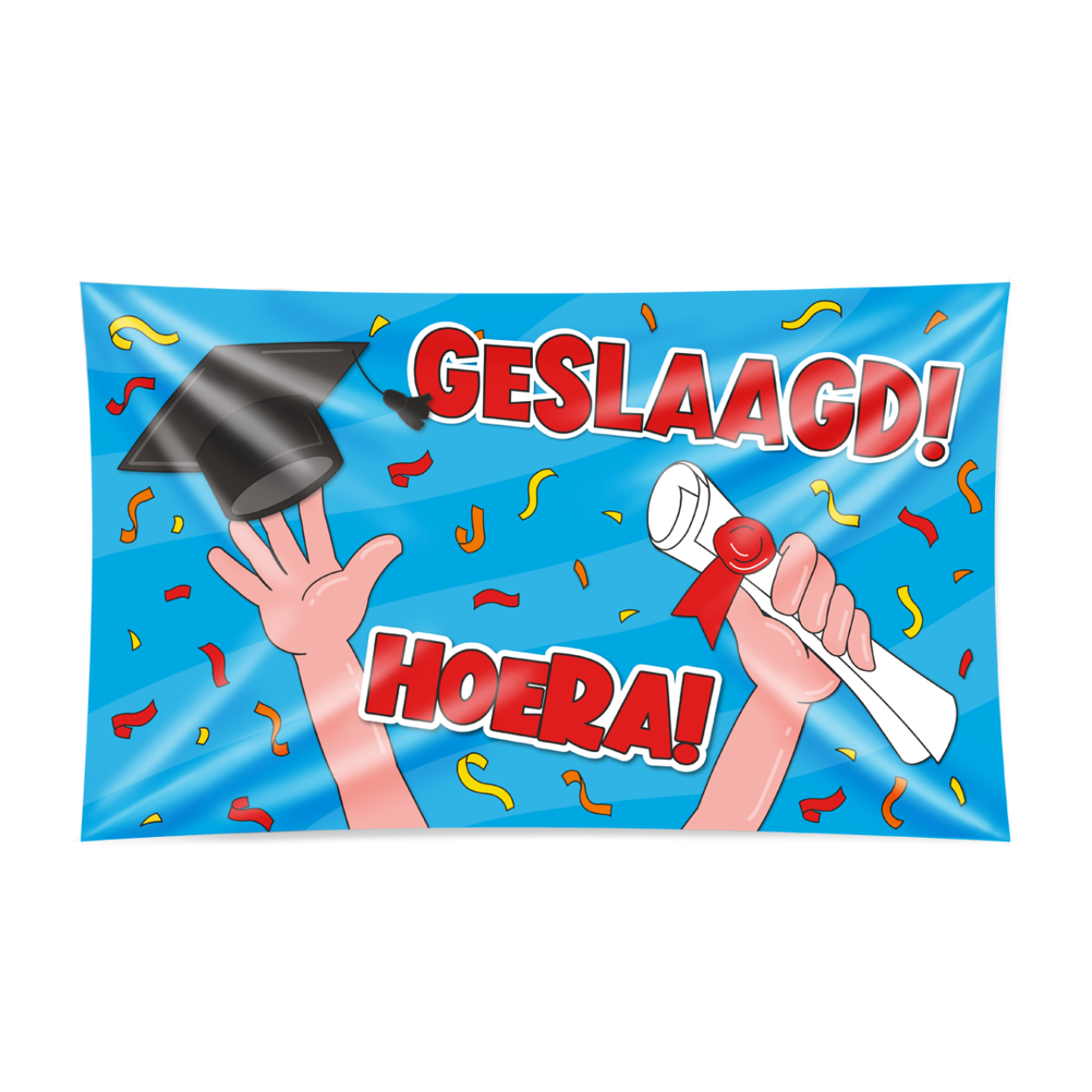 De XXL gevelvlaggen van Paper Dreams zijn een feestelijke versiering op jou geslaagd feestje . Deze gevelvlag met tekst Geslaagd (cartoon) is gemaakt van stevig polyester zodat u er lang plezier aan kunt beleven en is uitstekend geschikt om op te hangen als er iemand geslaagd is. Het formaat van deze XXL gevelvlaggen is 150 x 90 centimeter.