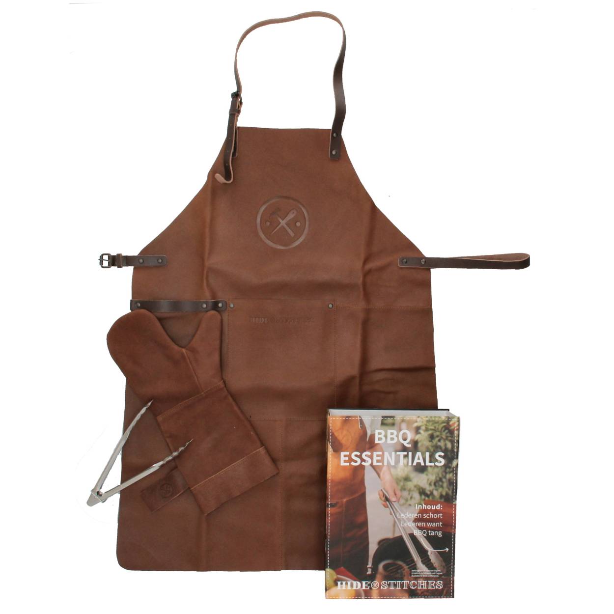 Complete set voor de BBQ liefhebber. Mooi leren schort een leren handschoen en een BBQ Tang