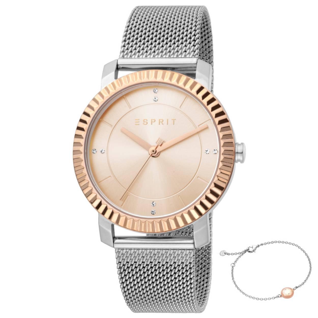 Dit dames horloge is van het merk Esprit. De band is gemaakt van RVS. De diameter van de kast is 39mm.