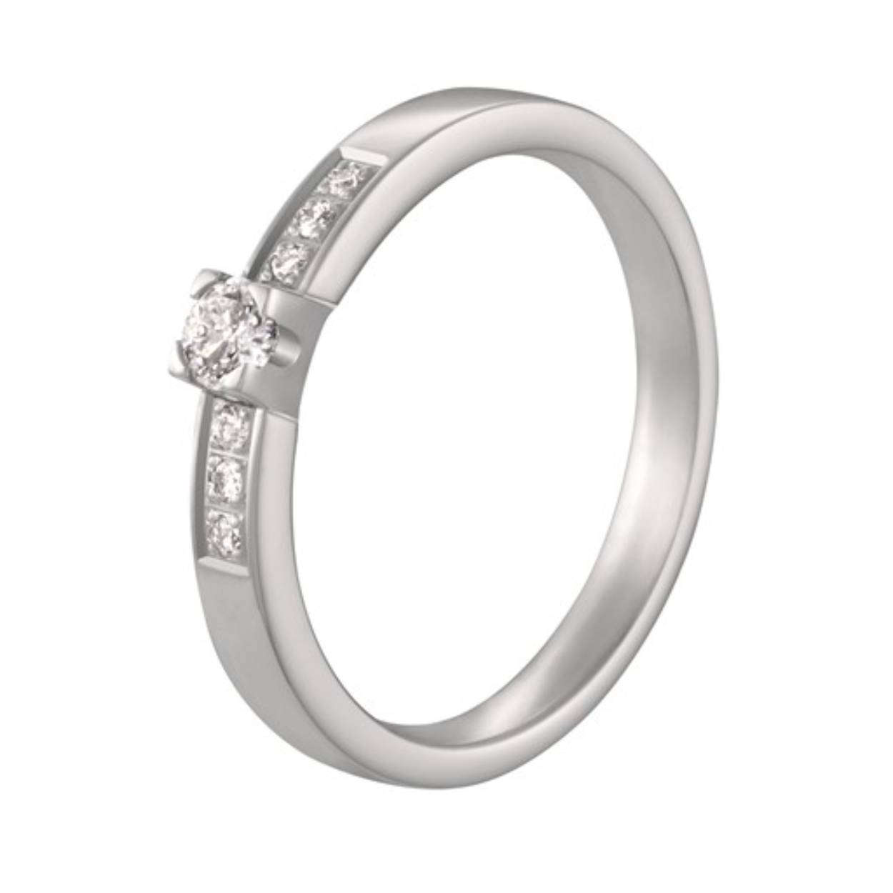 14k witgouden ring, van het merk Aller Spanninga, met 7 diamanten. De midden steen is 0.07crt, gezet in een witgouden chaten met vier zetpoten. De 6 zijstenen zijn elk 0.01crt.