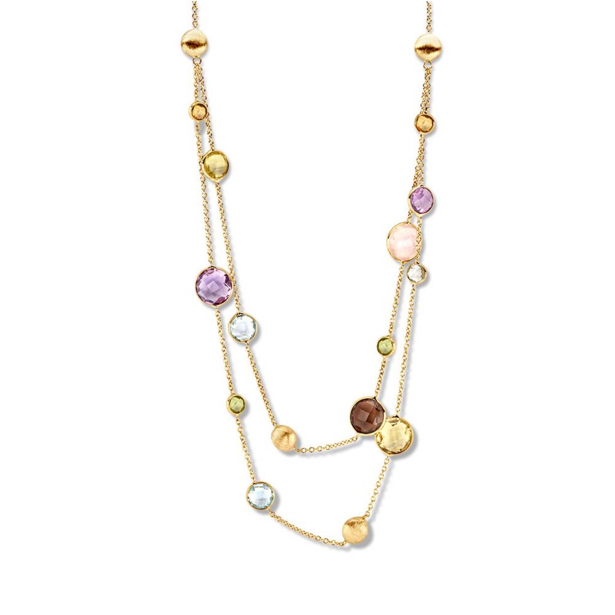 Luxe geelgouden ketting met prachtige edelstenen. De edelstenen (amethist, blauwe topaas, peridot, citrien, rookkwarts en roze kwarts) hebben verschillende groottes, waardoor het collier een prachtige speelse uitstraling krijgt. De matte gouden elementen en het design met de dubbele rij, maken het plaatje helemaal af.