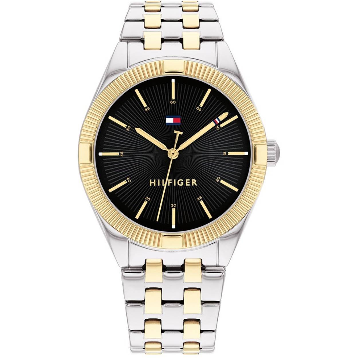 Prachtige Tommy Hilfiger horloge van de ''Rachel" serie met een zwarte wijzerplaat en een bicolor horloge van (goud- met zilverkleurig)