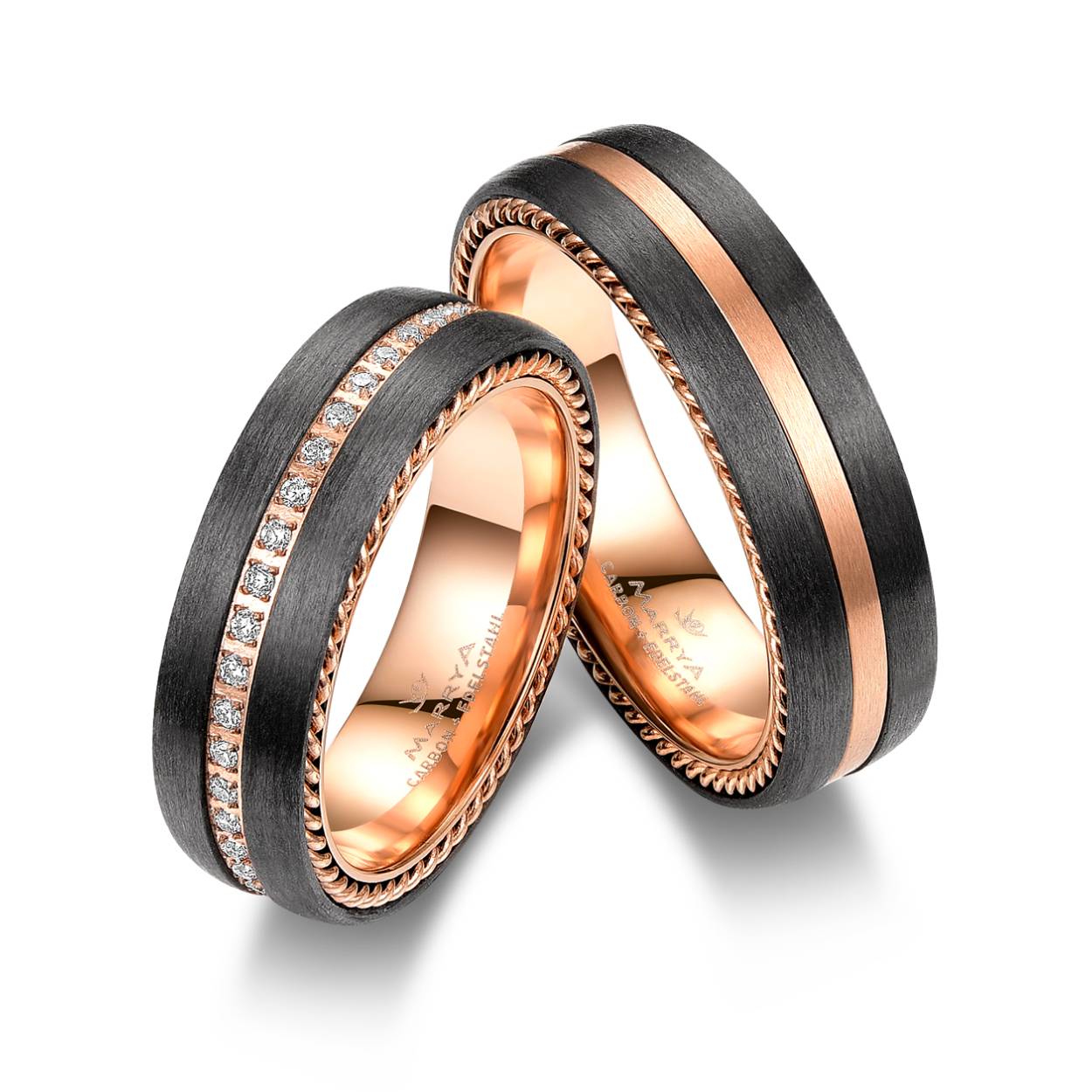 Damesring met edelstaal met carbon, rosé bicolor en zirkonia rondom