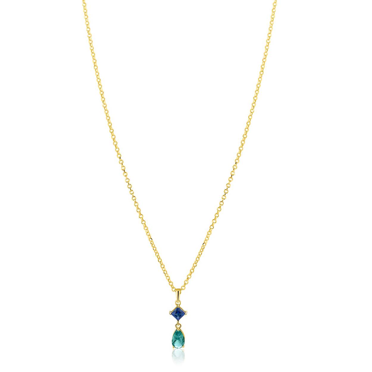 ZINZI gold plated zilveren ketting met luxe peervormige hanger met turquoise kleursteen en donkerblauwe ruitvorm. Voor een zomerse touch. De lengte is te variëren tussen 42 en 45cm. De ketting is vervaardigd van eerste gehalte zilver (925) en extra geel verguld.