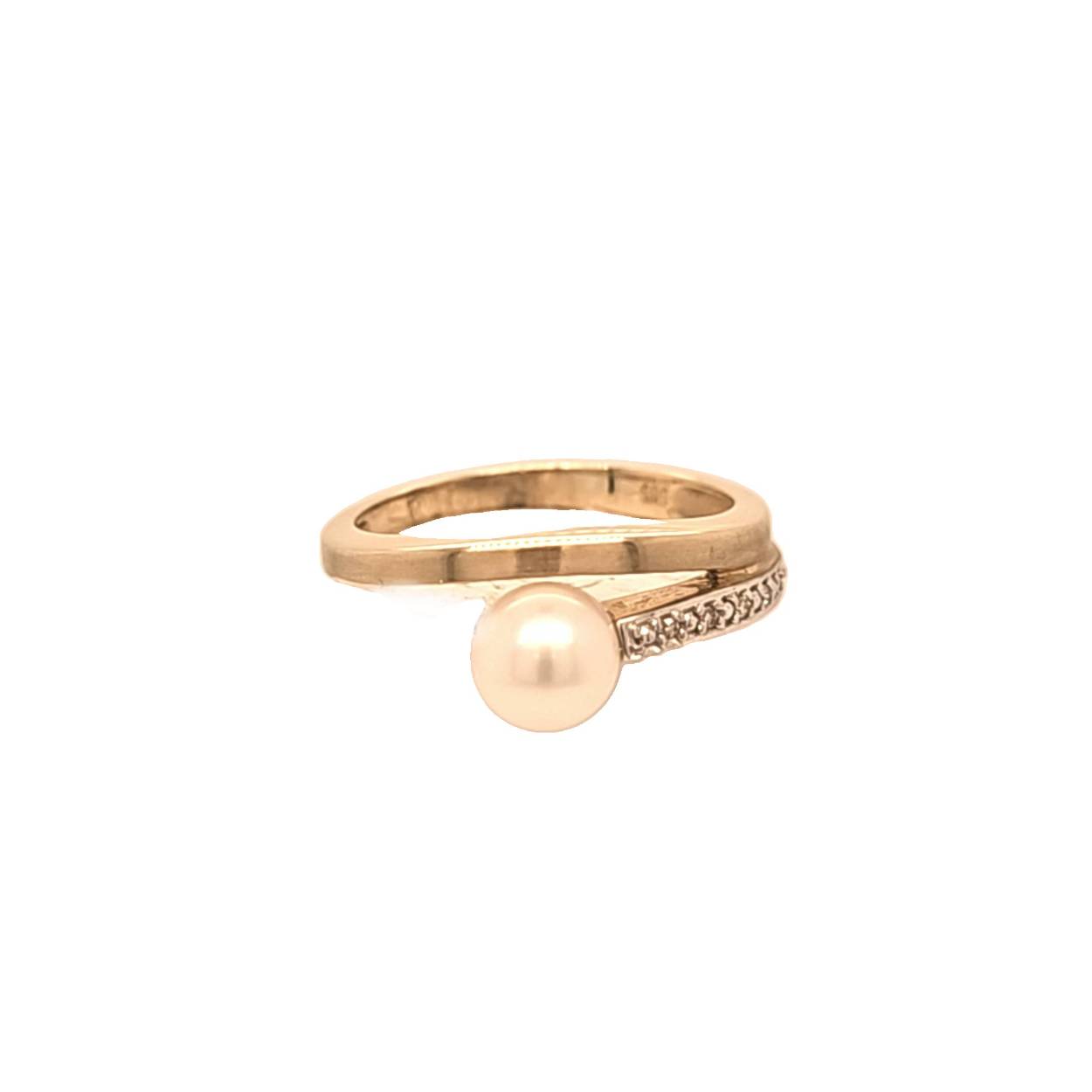 bicolor gouden ring met diamant 0,02 en parel