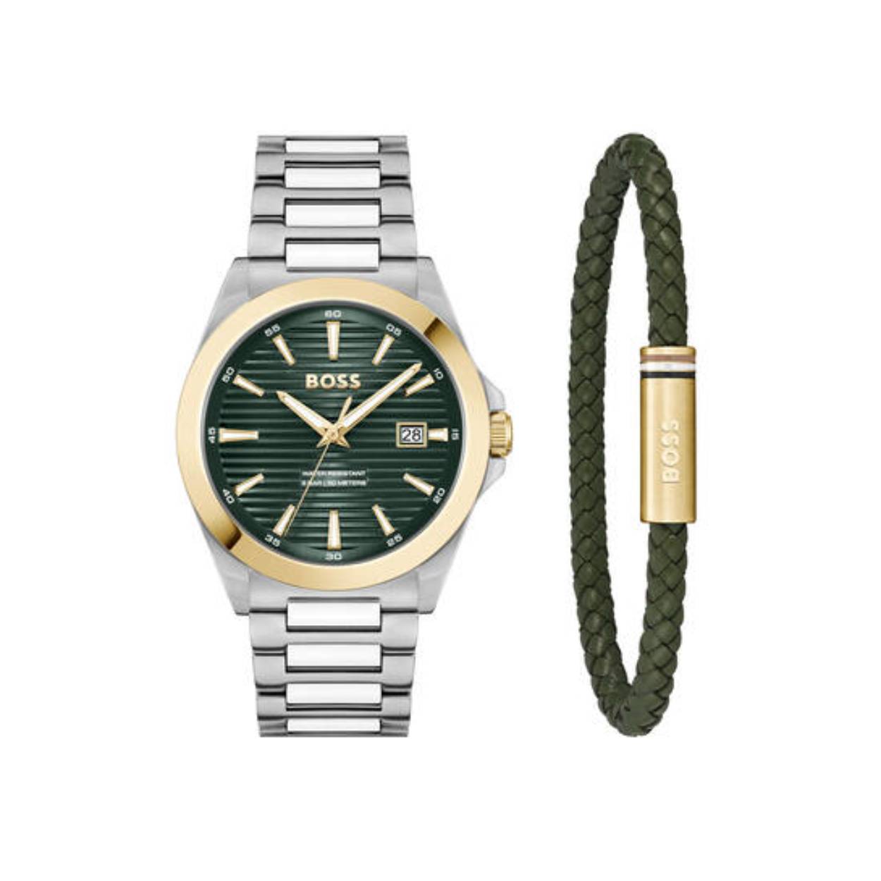 Deze Hugo Boss horloge heeft een stijlvolle stalen en gouden afwerking met een groene wijzerplaat. Het horloge heeft een quartz uurwerk en is waterbestendig tot 50 meter. Het is het beste te dragen als een chique accessoire voor elke gelegenheid. Met zijn unieke design en hoogwaardige kwaliteit is dit horloge een echte eyecatcher. Maak je look compleet met de Hugo Boss Horloge Strike Staal Goud Zilver Groen.
